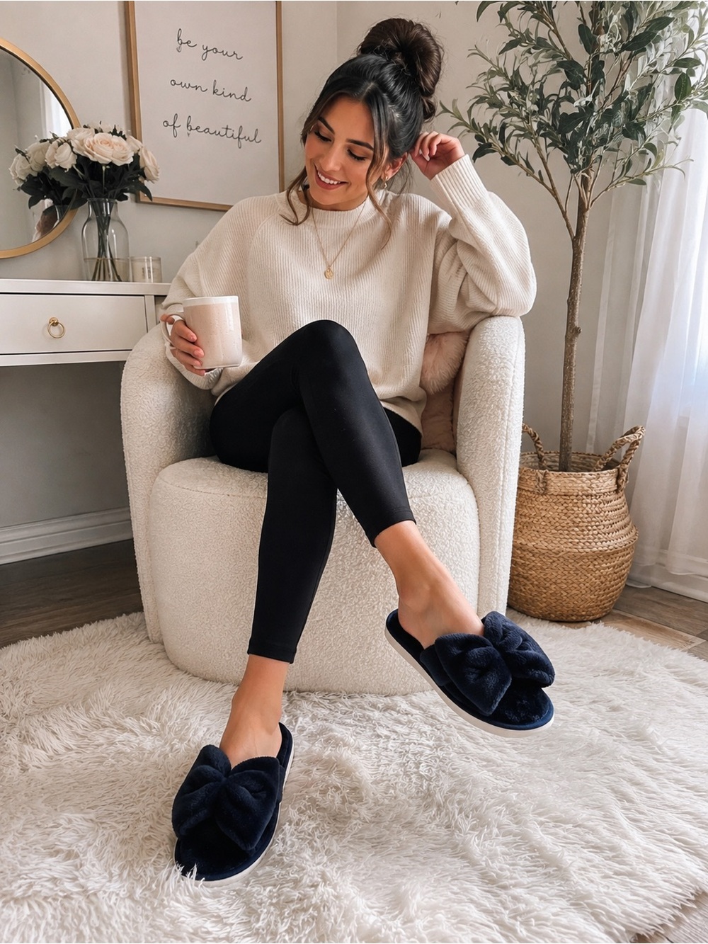 Navy Bow Plush Slippers Women’s Fuzzy Cozy House Slides New No Box